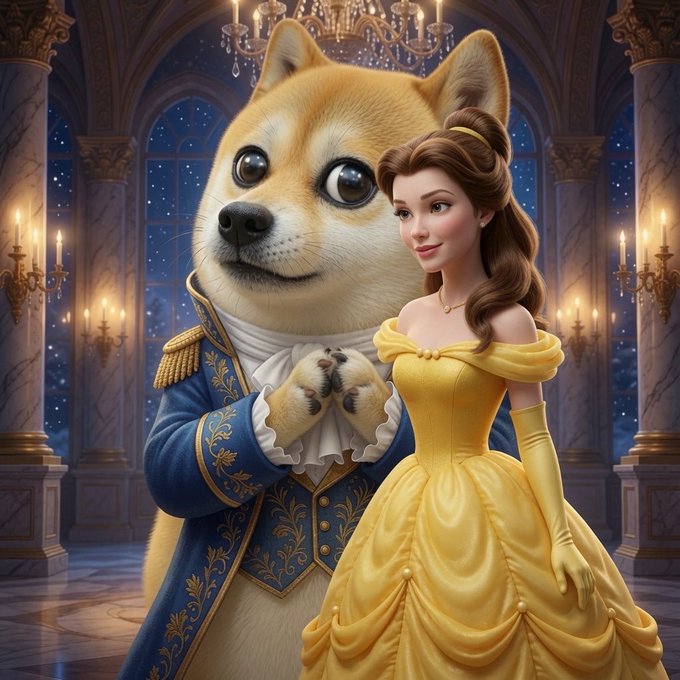 The image features a cartoonish depiction of a dog dressed as a princess, standing next to a woman wearing a yellow dress. The scene takes place in front of a grand building with columns, suggesting an elegant setting. The caption for the image reads "We've almost made it to the weekend everyone have a great Thursday @ShibuCoinSolana".