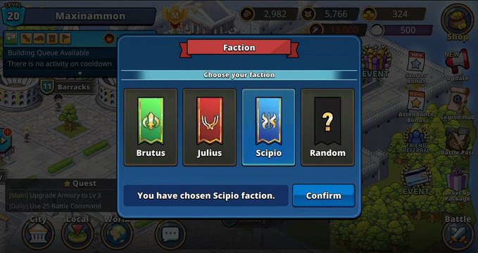 A mobile game faction selection screen showing options for Brutus, Julius, Scipio, and Random, with the message 'You have chosen Scipio faction' and player name 'Maximammon'.