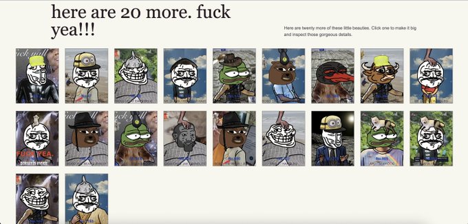 A screenshot from a meme-generating website displaying 'twenty more of these little beauties,' showing a grid of crudely drawn face memes photoshopped onto various backgrounds.