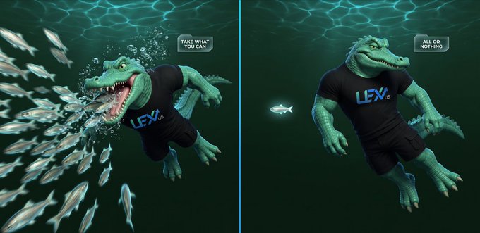 A split-screen 3D advertisement showing an alligator wearing a 'LFX.US' shirt underwater, with text bubbles reading 'TAKE WHAT YOU CAN' on the left and 'ALL OR NOTHING' on the right.