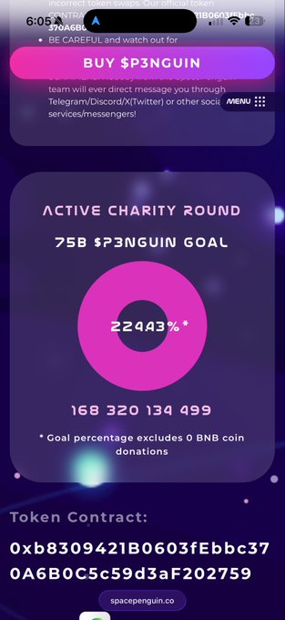 Mobile screenshot of a cryptocurrency charity page showing 'BUY $P3NGUIN', an 'ACTIVE CHARITY ROUND' at '2243%' of a '75B $P3NGUIN GOAL' totaling 168,320,134,499 tokens, with token contract 0xb8309421B0603fEbbc370A6B0C5c59d3aF202759.
