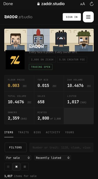 A screenshot of the ZADDR.studio NFT marketplace on zaddr.studio, showing pixel art faces, a floor price of 0.003 ZEC, total volume of 10.4676 ZEC, 2,359 owners, and 2,800 minted items.