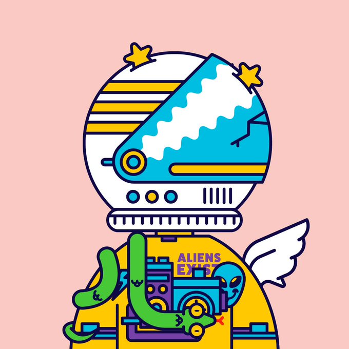 A colorful cartoon illustration of a robotic character with an astronaut helmet, wings, and mechanical body, wearing a yellow shirt that says 'ALIENS EXIST' on a pink background.