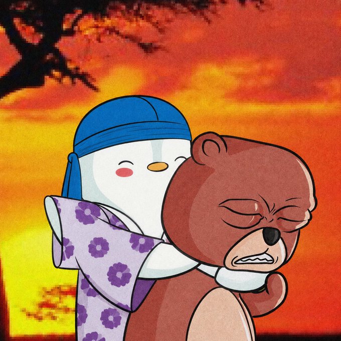 A cartoon illustration featuring a white penguin-like character wearing a blue headband and purple floral robe hugging a grumpy brown bear, set against a sunset sky.