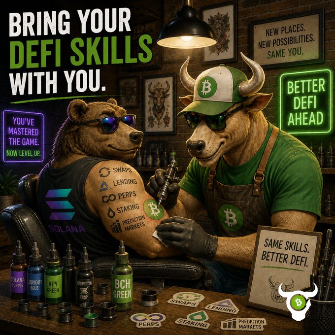 A vibrant DeFi-themed illustration with text 'BRING YOUR DEFI SKILLS WITH YOU' and 'BETTER DEFI AHEAD', showing a bear with a Solana tattoos getting 'inked' by a bull in a barbershop setting, featuring Bitcoin and BCH logos alongside DeFi features like Swaps, Lending, Perps, Staking, and Prediction Markets.