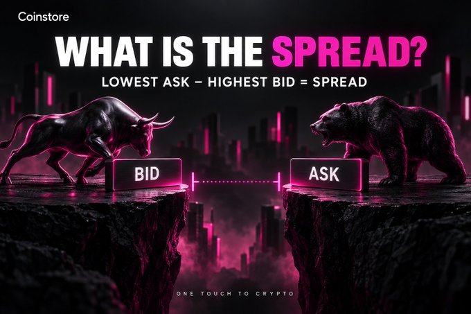 An educational graphic from Coinstore titled 'WHAT IS THE SPREAD?' with the formula 'LOWEST ASK – HIGHEST BID = SPREAD', illustrated with a metallic bull and bear on neon-lit platforms labeled 'BID' and 'ASK', and the tagline 'ONE TOUCH TO CRYPTO'.
