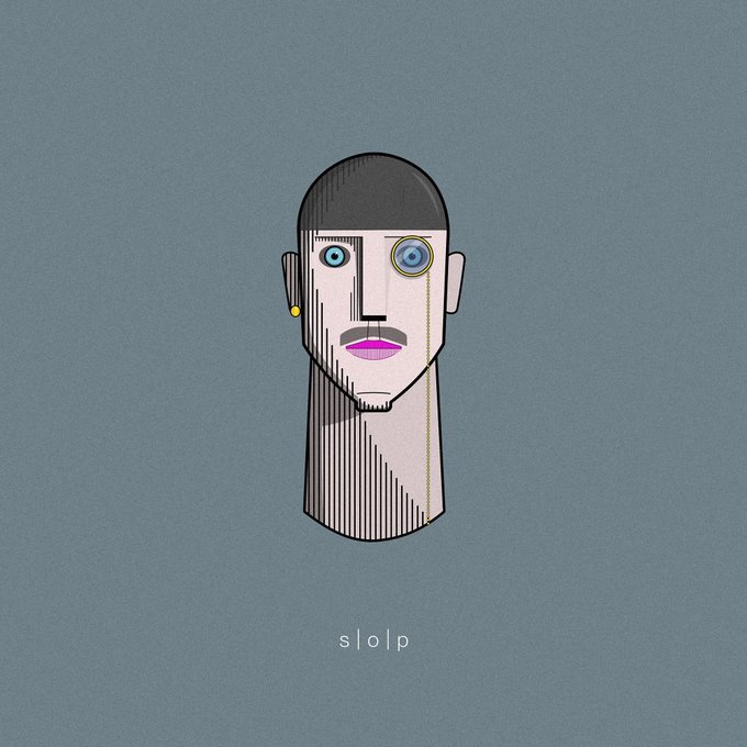 A stylized illustration of a character with a monocle, mustache, and pink lips on a gray background, labeled 'sl0|p' below.