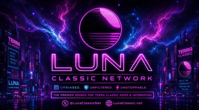 The image features a purple background with a neon pink circle that says "Luna Classic Network" written in white text. Below this, there are three lines of text in black font that read "ATTENTION! LunaClassic Community LUNA CLASSIC NETWORK UNBIASED. UNFILTERED. UNSTOPPABLE. This is the official vision. Focus on what is in the image and how it relates to the post". The image also includes a logo for a website called "www.lunaclassicnet.com" that is related to the Luna Classic Network.