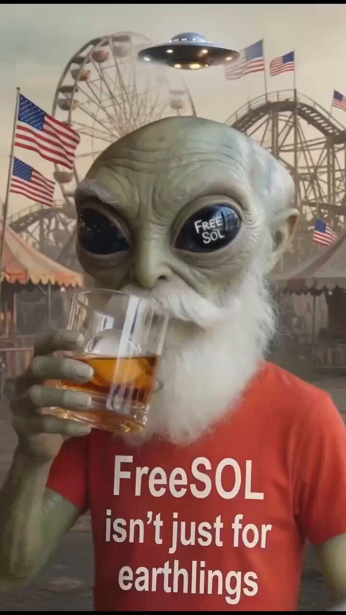 The image features a green alien wearing a red shirt, holding a glass of beer while standing next to a ferris wheel. The background includes American flags and a carnival ride. The caption reads "FreeSOL isn't just for Earthlings".