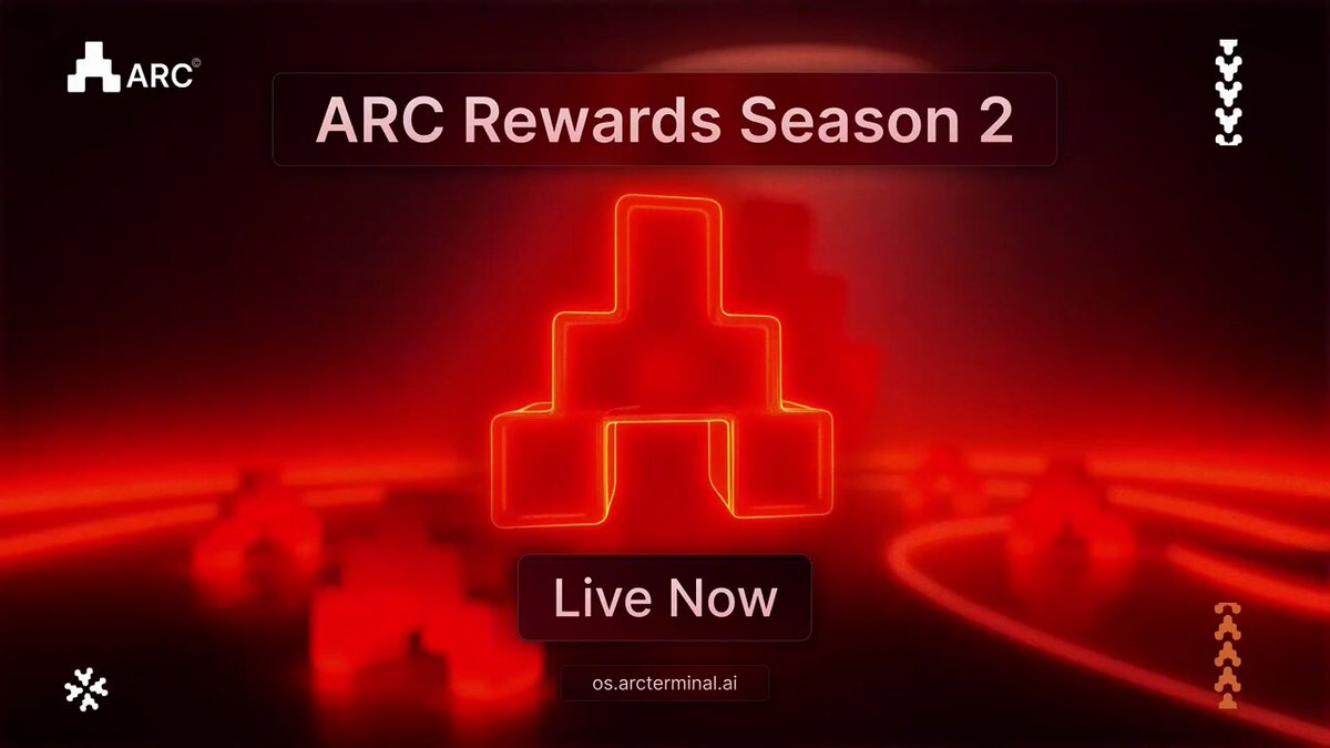 The image features a poster for the ARC Rewards Season 2 game show. It has a red background with neon shapes that resemble a pyramid or a building. The poster includes text that reads "ARC Rewards Season 2" and "Live Now". There are also some small images of people on the poster, which could be related to the game show theme.