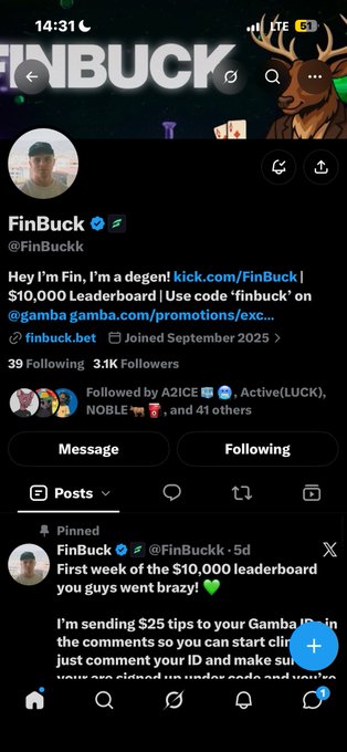 A Twitter/X profile for 'FinBuck' (@FinBuckk) promoting a $10,000 Gamba leaderboard and encouraging tipping with kick.com links.