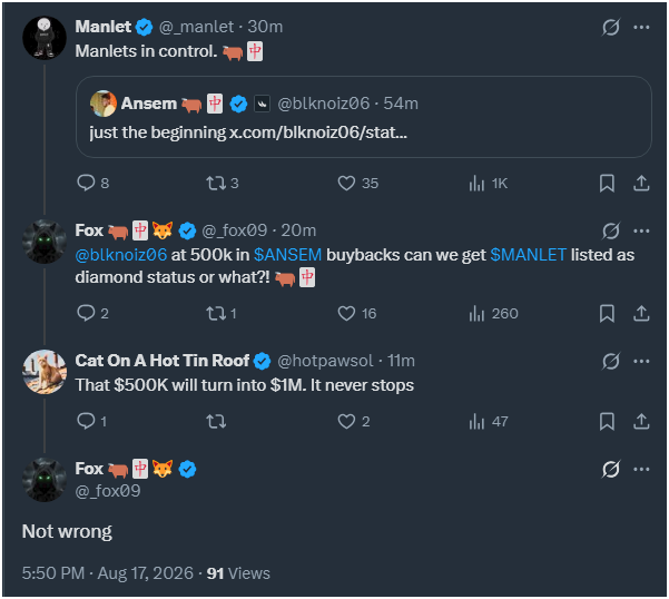 A social media post thread shows users like Manlet (@_manlet_), Ansem (@blknoiz06), and Fox (@_fox09) discussing $MANLET and $ANSEM reaching $500K and $1M.