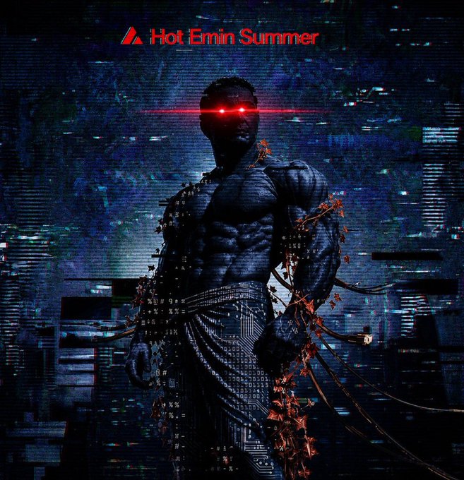 The image features an illustration of a muscular man with red eyes, dressed in black clothing that includes a skirt or dress. He appears to be standing against a dark blue background, which could represent the night sky or cityscape. The caption on the poster reads "Hot Emin Summer", and it is written in white text at the bottom right corner of the image.