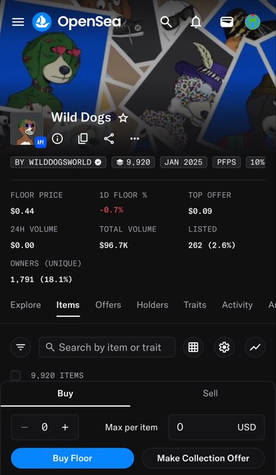 An OpenSea mobile app screenshot showing the 'Wild Dogs' NFT collection by WILDDOGSWORLD, with a floor price of $0.44, 9,920 items, and 1,791 unique owners.