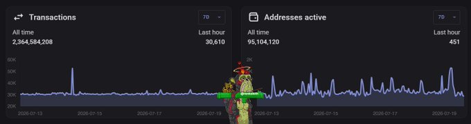 A blockchain analytics dashboard showing Transactions (2,364,584,208 all time, 30,610 last hour) and Addresses active (95,104,120 all time, 451 last hour) with line graphs over time, featuring a chicken mascot in the center.