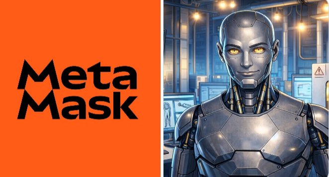 The image shows the MetaMask logo on an orange background alongside a humanoid AI robot in a tech laboratory setting, visually representing the launch of MetaMask's new Agent Wallet feature that enables self-custodial AI to execute on-chain transactions within user-defined limits.