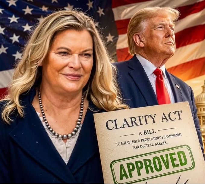 The image shows Senator Cynthia Lummis holding a sign for the "Clarity Act," a bill to establish a regulatory framework for digital assets, which is marked "APPROVED," with Donald Trump in the background, aligning with the post's confirmation of the Senate's upcoming vote on the Crypto Clarity Act.