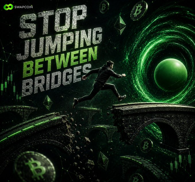 The image features a man jumping over a bridge with green lights surrounding him. The text "Stop Jumping Between Bridges" is written above the man's head as he jumps, while the words "You have USDC on Ethereum." are below his head. The background of the image shows a bridge and various cryptocurrency symbols such as Bitcoin and Etherum.