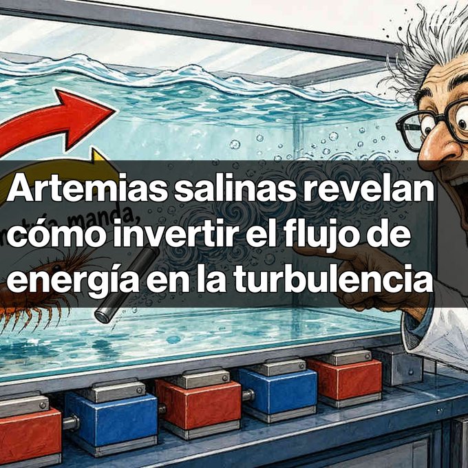 An illustration of a shocked scientist pointing at an aquatic experiment with shrimp, overlaid with Spanish text reading 'Artemias salinas revelan cómo invertir el flujo de energía en la turbulencia'.