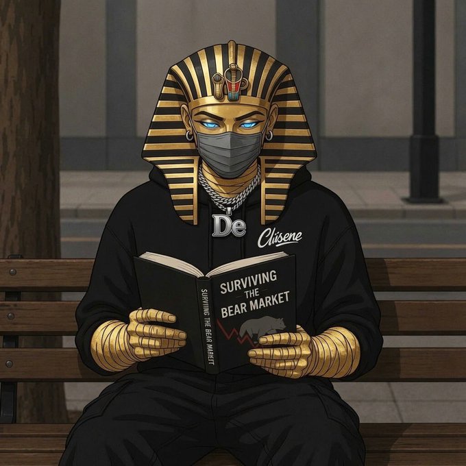The image features a man sitting on a bench, wearing a black hoodie with gold accents and a pharaoh costume. He is reading a book titled "Surviving Bear Market" while wearing a face mask. The caption of the image includes an email address that reads "spam your $SOL address in Quoted".