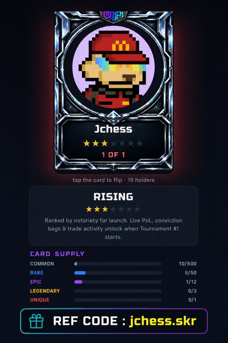 A digital trading card featuring the username 'Jchess' with a pixel art character, ranked RISING at 1 OF 1, showing card supply statistics and a referral code 'jchess.skr'.