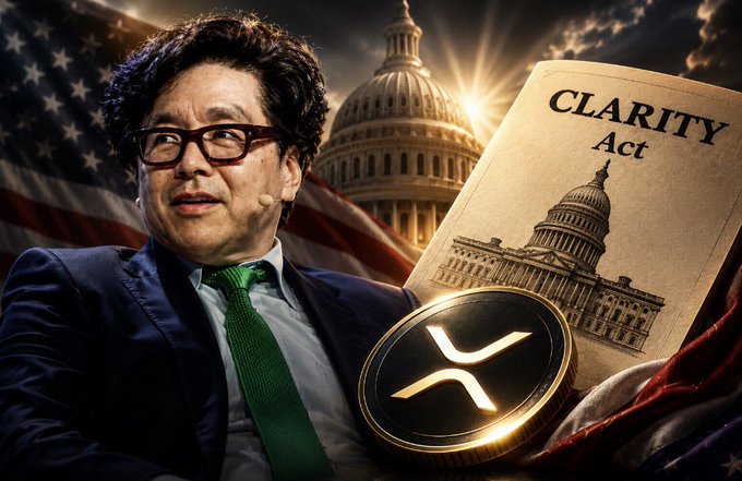 A man in a suit and green tie appears alongside a glowing document titled 'CLARITY Act', the U.S. Capitol building, an American flag, and a coin with the XRP logo.