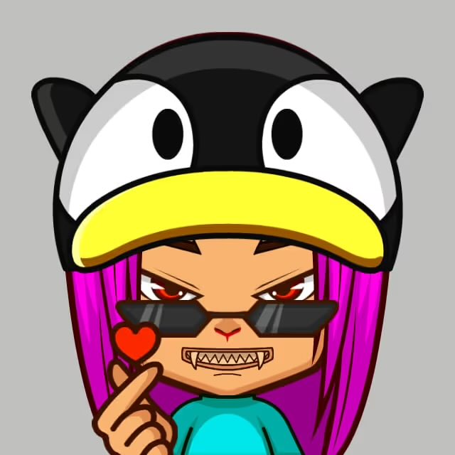 A cartoon-style illustration of a character with pink hair wearing a penguin mask and sunglasses, holding up a small red heart.