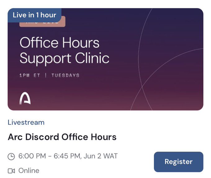 The image shows a poster or flyer advertising office hours support clinic at 6pm on Saturday, June 2nd. The poster has a purple background with white text that reads "Live in 1 hour Office Hours Support Clinic" and provides details about the event, including the date, time, and location.