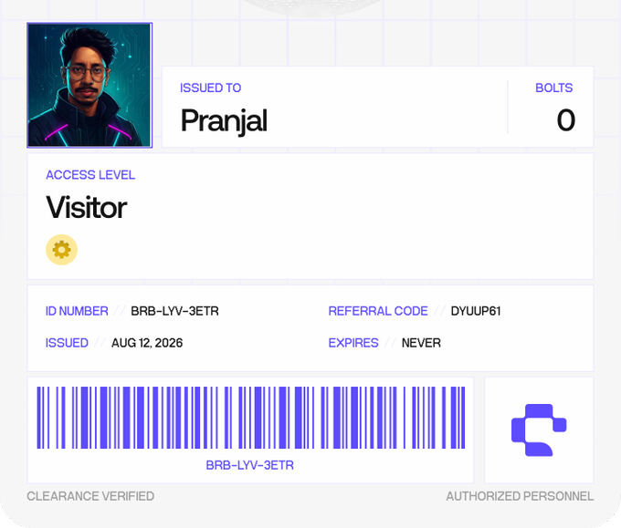 A digital access ID card issued to Pranjal with "Visitor" level clearance, featuring ID number BRB-LYV-3ETR, referral code DYUUP61 (matching the post's link), 0 Bolts, and issued on Aug 12, 2026—representing a claimed membership to BitRobot's Open Robotics Lab.