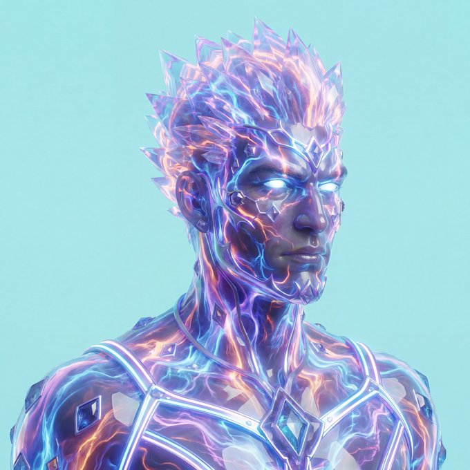 A digital artwork depicts a humanoid figure with spiky crystalline hair and a body composed of glowing blue, purple, and orange energy veins against a light blue background.