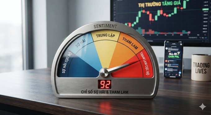 A digital sentiment meter displaying '92' on a desk, with Vietnamese labels and a trading chart screen in the background.
