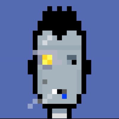 A pixel art character resembling Frankenstein's monster with green skin, a black flat-top hairstyle, and yellow eyes stands against a solid blue background.