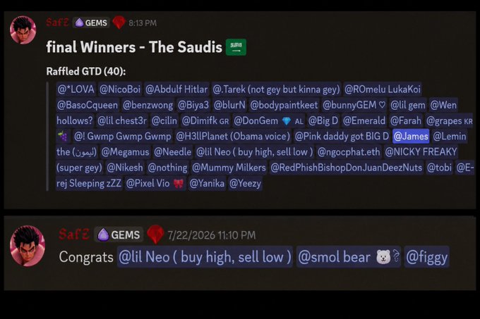 Discord messages from user "Saf" show giveaway results, including a "final Winners - The Saudis" message listing 40 raffled GTD winners and a previous Congrats message tagging @lil Neo, @smol bear, and @figgy.
