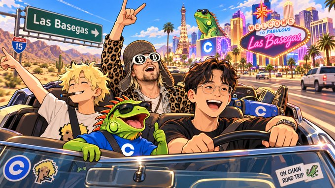 A cartoon illustration shows characters in a convertible driving towards Las Vegas, with 'Welcome to Fabulous Las Basegas' and 'ON CHAIN ROAD TRIP' text visible.