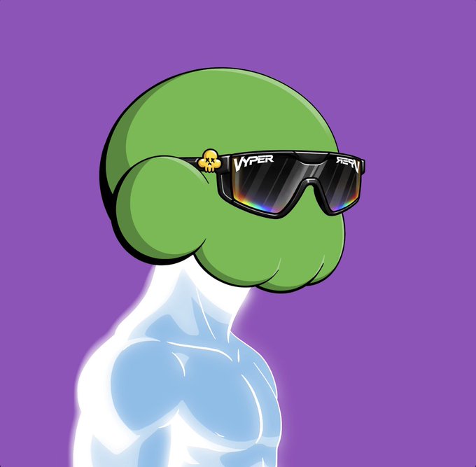 A cartoon illustration shows a green cloud-shaped head with a small orange character perched on black sunglasses labeled 'VYPER', attached to a muscular glowing white body against a purple background.