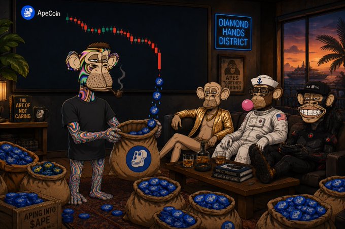 An artistic ApeCoin-themed image titled "Diamond Hands District" depicts several Bored Ape characters in a dimly lit lounge filled with bags of ApeCoin, with a declining price chart visible in the background.