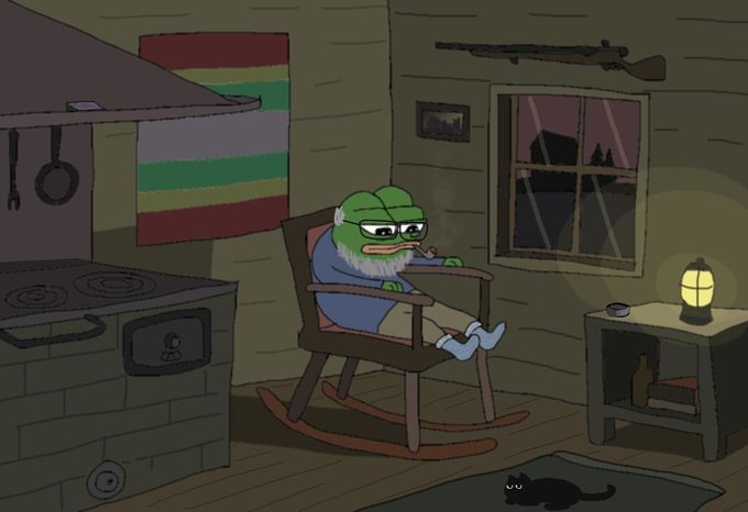 An animated scene shows a sad Pepe the Frog sitting in a rocking chair smoking a pipe in a rustic cabin, with a black cat on a rug nearby.