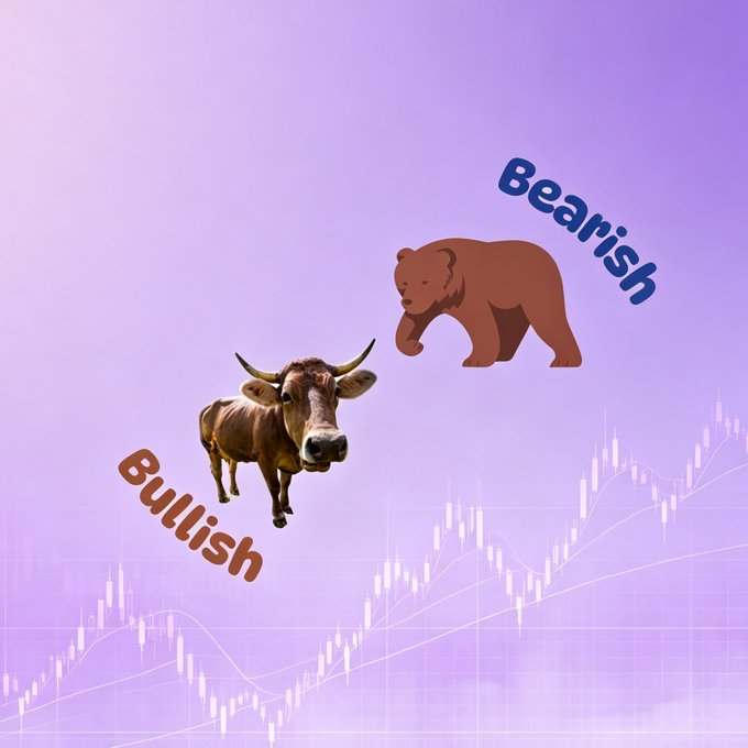 A bullish cow and bearish bear labeled "Bullish" and "Bearish" face off against a purple background with stock chart candles, illustrating the market sentiment choice posed in the post asking whether viewers are bullish or bearish on Crypto/Web3/Echobit.
