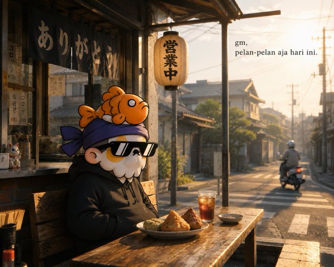 An illustrated character with a goldfish on its head wearing sunglasses and a purple headband, sitting at a wooden table with food in a Japanese street setting, with text 'gm, pelan-pelan aja hari ini.'