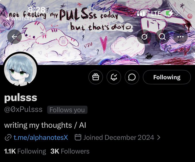 A Twitter/X profile page for "pulsss" (@0xPulsss) with a hand-drawn style banner reading "not feeling my PULSSS today but that's okay," a bio stating "writing my thoughts / AI," a link to t.me/alphanotesX, and 3K followers.