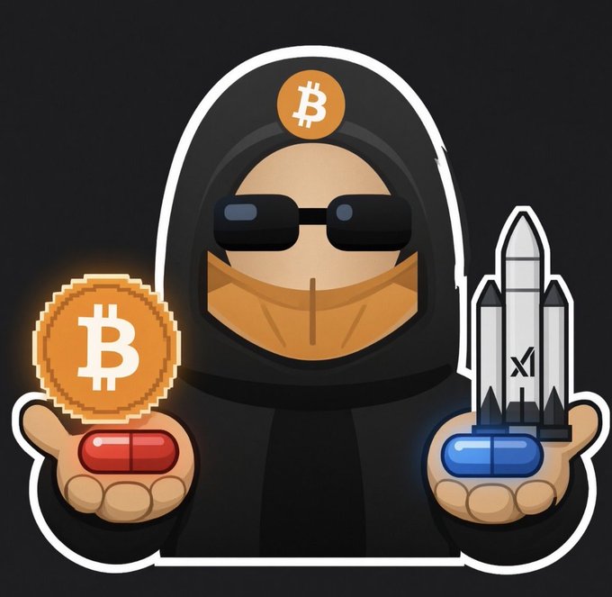 A digital sticker of a hooded figure wearing sunglasses and a Bitcoin hat, holding a Bitcoin coin in one hand and a rocket ship in the other.