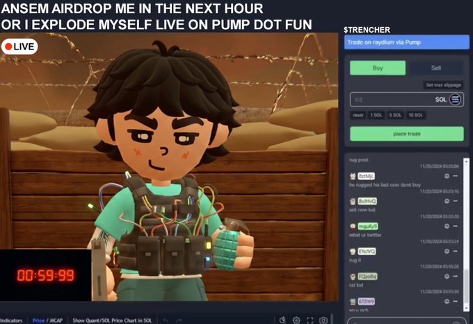 The image shows a Pump Fun livestream titled "ANSEM AIRDROP ME IN THE NEXT HOUR OR I EXPLODE MYSELF LIVE ON PUMP DOT FUN," featuring an animated cartoon character wearing an explosive vest with a 00:59:99 countdown timer, alongside the "STRENCHER" trading interface for Solana (SOL) with a Buy/Sell panel and live chat activity. The scene relates to the post about crypto trenches and airdrops by showcasing a chaotic livestream demanding a token airdrop from influencer Ansem.