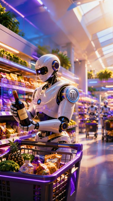 A futuristic humanoid robot pushing a shopping cart filled with groceries and a bottle of wine in a brightly lit, modern supermarket.