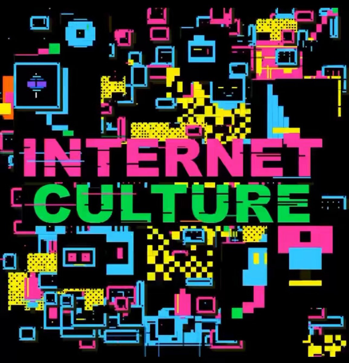 The image features a vibrant, colorful poster that reads "Internet Culture" written in bold green letters against a black background with various shapes and designs. The poster includes elements such as squares, rectangles, circles, and triangles of different colors like pink, blue, yellow, and green. These diverse shapes and colors create an abstract pattern on the poster, which is likely to be interpreted as a representation of the internet culture or a digital art piece.