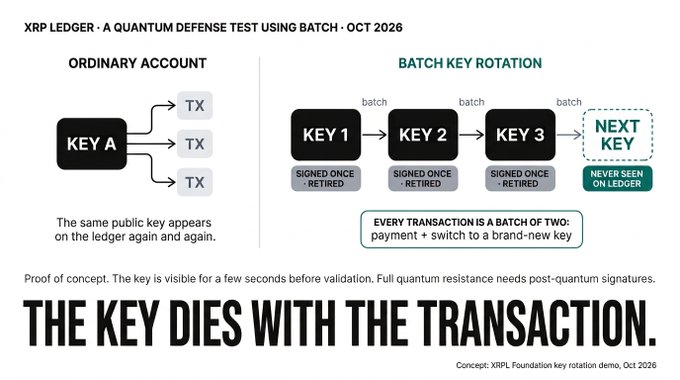 The image illustrates a proposed XRPL quantum defense concept called "Batch Key Rotation" (dated Oct 2026), contrasting ordinary accounts where the same public key (Key A) appears repeatedly across transactions with a new model where keys are signed once, retired, and replaced with brand-new keys in batches—so "the key dies with the transaction."

This directly supports the post's concern about quantum hacking of exposed keys by showing how rotating keys after a single use would minimize the window of vulnerability on the XRP Ledger.
