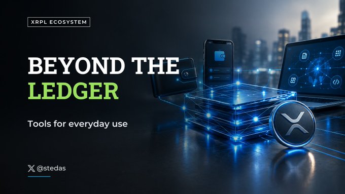 A promotional banner for the XRP Ledger ecosystem reads 'BEYOND THE LEDGER: Tools for everyday use' alongside futuristic imagery of smartphones, laptops, and glowing network connections, with the handle @stedas displayed at the bottom.