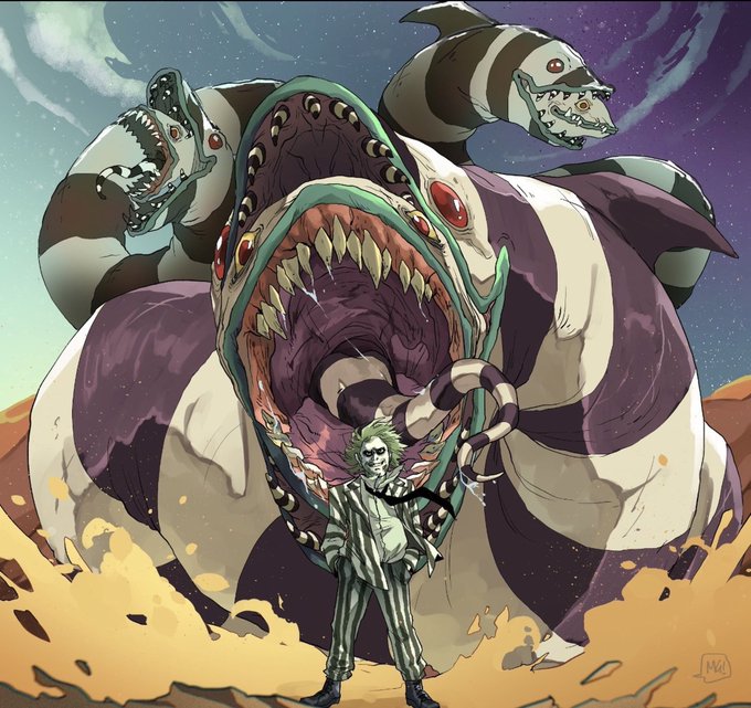 A dramatic digital artwork depicting a monstrous creature with multiple striped heads and a massive toothy maw, looming over a Beetlejuice-like character in a black and white striped suit.