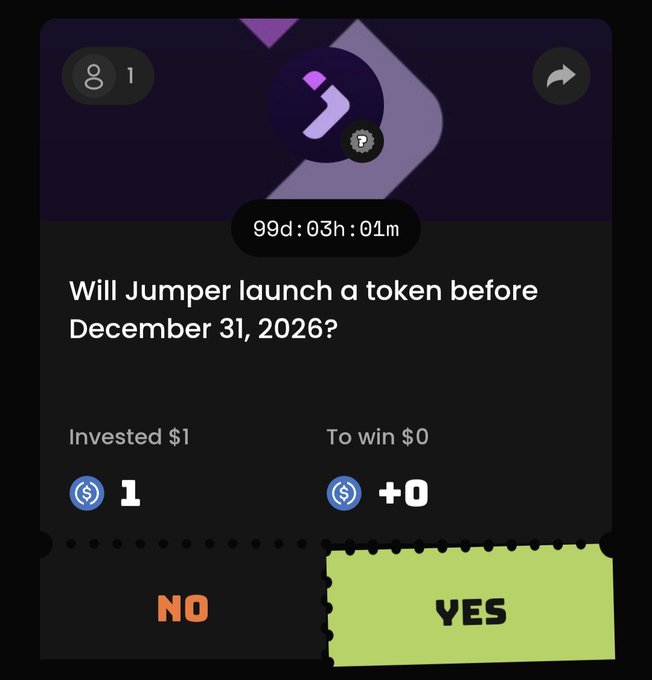 A prediction market interface asking 'Will Jumper launch a token before December 31, 2026?' with 99d 03h 01m remaining, $1 invested, and YES/NO betting options.