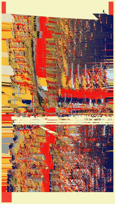 Abstract digital glitch art with pixelated distortions in red, blue, orange, and white, creating a corrupted image effect with mirrored top and bottom halves.