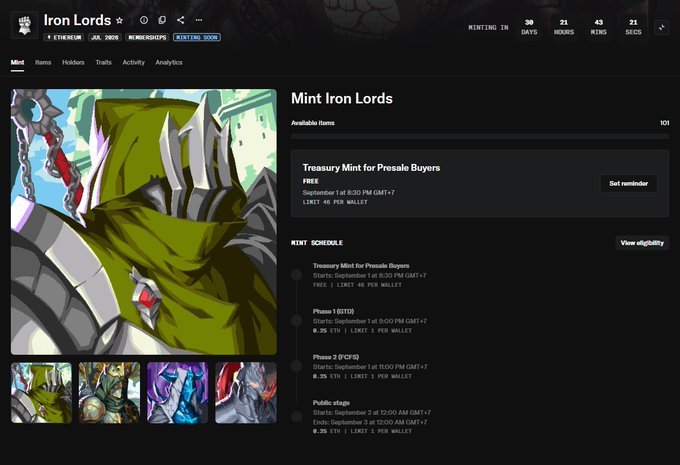 A webpage for the 'Iron Lords' NFT minting event shows a green-hooded character artwork alongside a mint schedule detailing presale and public stages starting September 1.